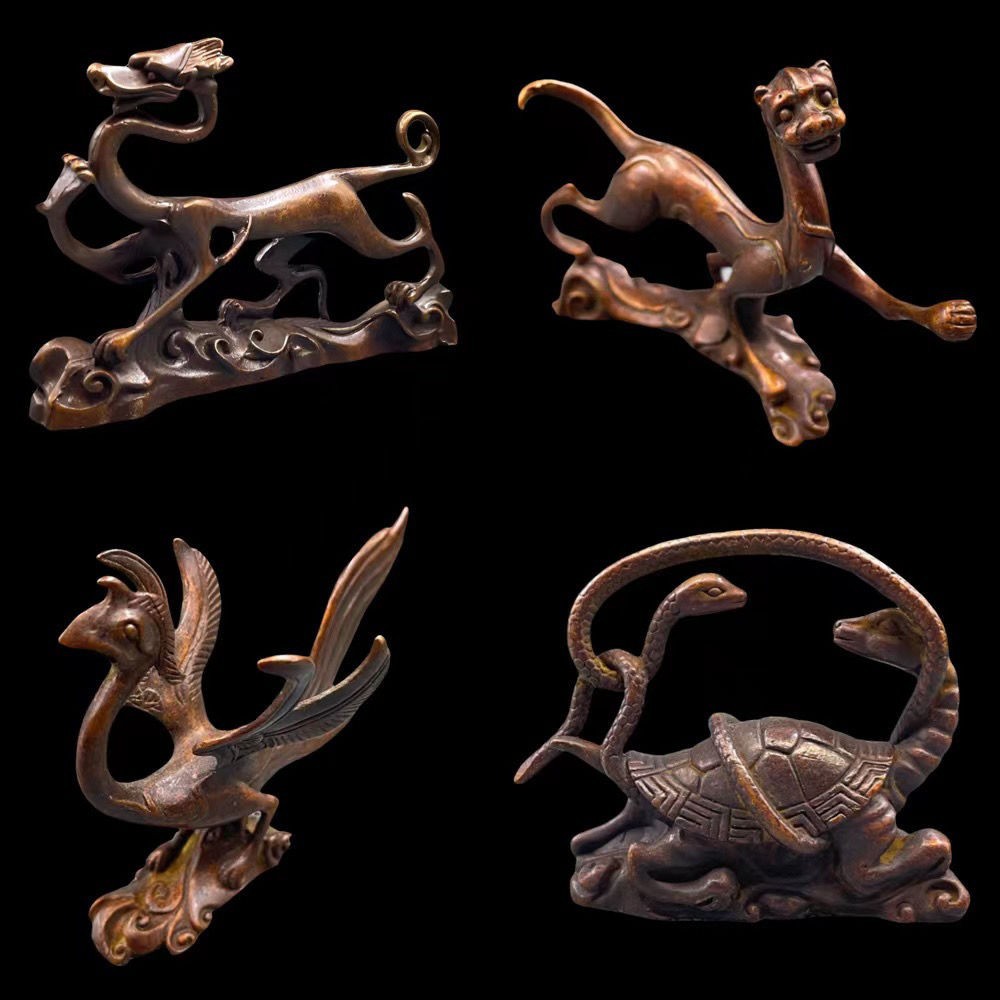 动物四大神兽古玩收藏创意纯铜做旧青龙白虎朱雀玄武茶宠茶台摆件