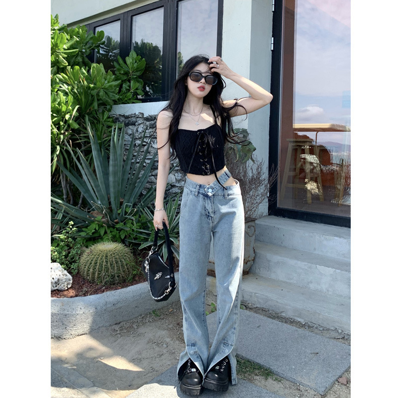 2toyoung辣妹春日bi备设计感露腰直筒牛仔裤女小个子开叉微喇裤春