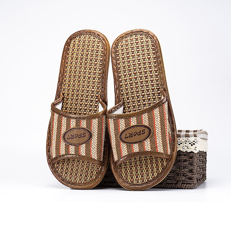 夏季竹编藤草情侣凉席拖鞋室内防滑底亚麻男家用女无声吹气底