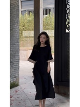 新中式国风黑色短袖连衣裙2024早春新款夏季女装高级感裙子长裙女
