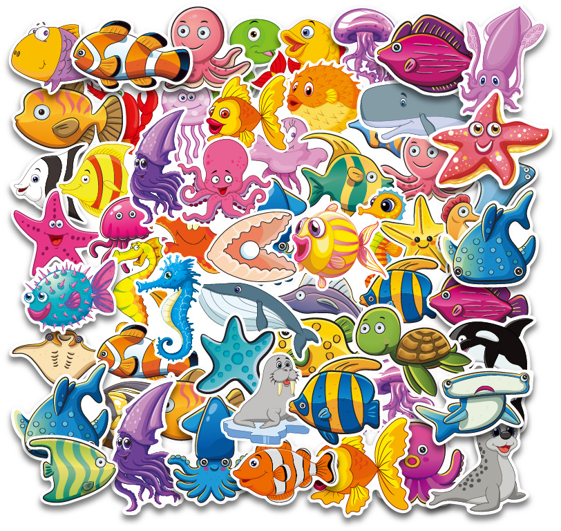 新款热带鱼贴纸50枚卡通可爱涂鸦海底世界冰箱行李箱海洋生物贴纸