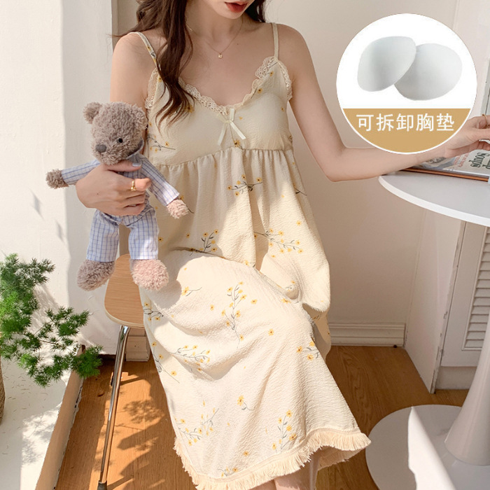 Cross-Border Pajamas Summer Pure Desire Style Bubble Cotton Slip Nightdress Female Sweet Cute with Chest Pad Home Wear Can Be Worn outside