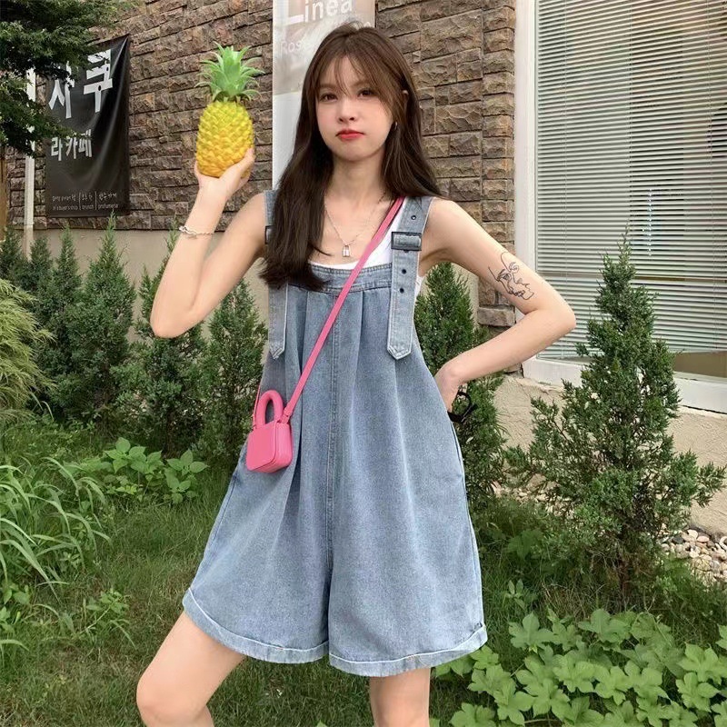 Curling Denim Suspender Shorts Women's Summer New Arrival Salt Sweet Small Wide Leg Student Loose Jumpsuit