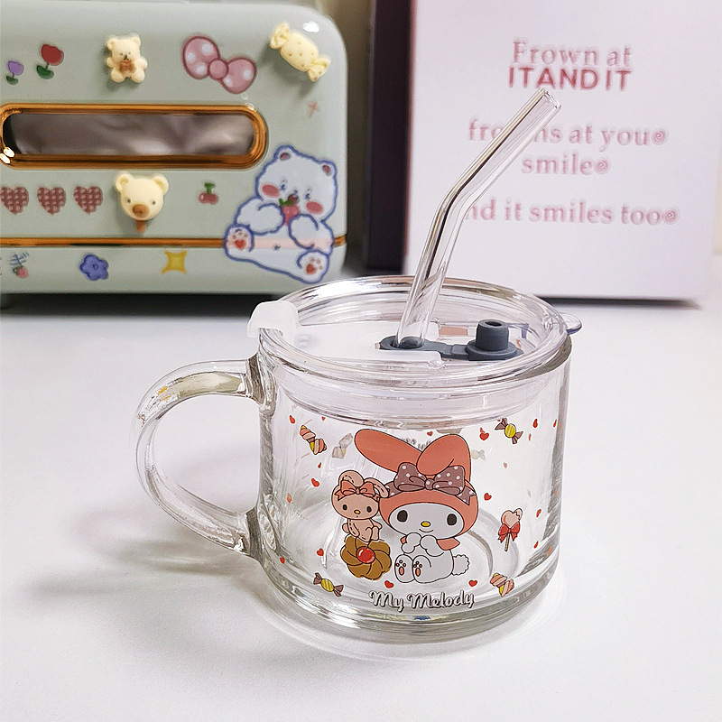 Cartoon Glass Cup Clow M Melody Cinnamoroll Babycinnamoroll Children's Milk Cup Straw Cup with Cover Spoon Breakfast Cup
