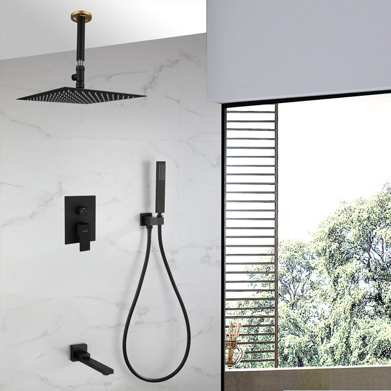 全铜方形黑色预埋盒暗装花洒入墙式淋浴套装嵌入式吸顶天幕三出水