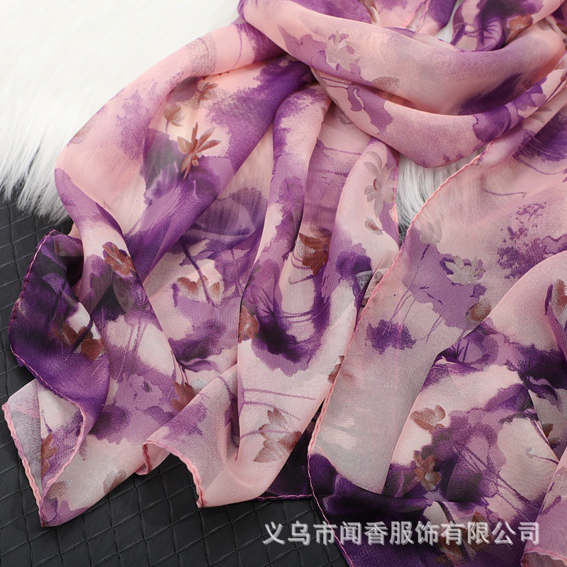 Lotus Printed Silk Scarf Women's Chiffon Scarf Wholesale Spring and Summer Sunscreen Shawl Autumn and Winter Warm Scarf Scarf Scarf