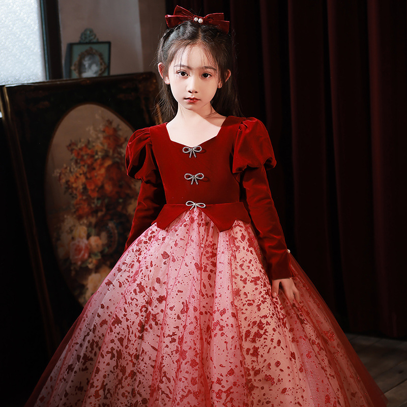 长袖红色赫本风女童晚礼服春季新款丝绒儿童生日钢琴演奏演出礼服