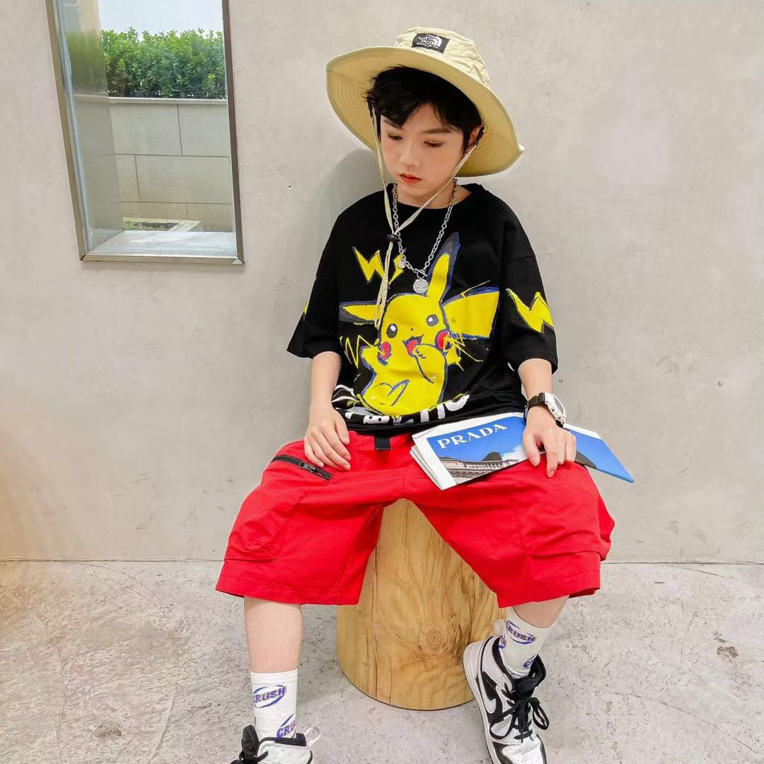 夏季一线潮牌 鲨鲨舫个性涂鸦t恤套装 品牌童装折扣走份批发