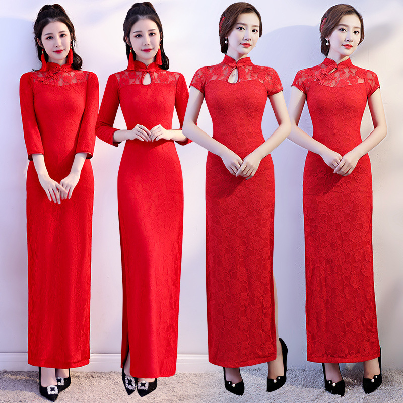 礼仪服装女迎宾颁奖礼服秋冬红色长款外嫁女回娘家走秀演出服旗袍