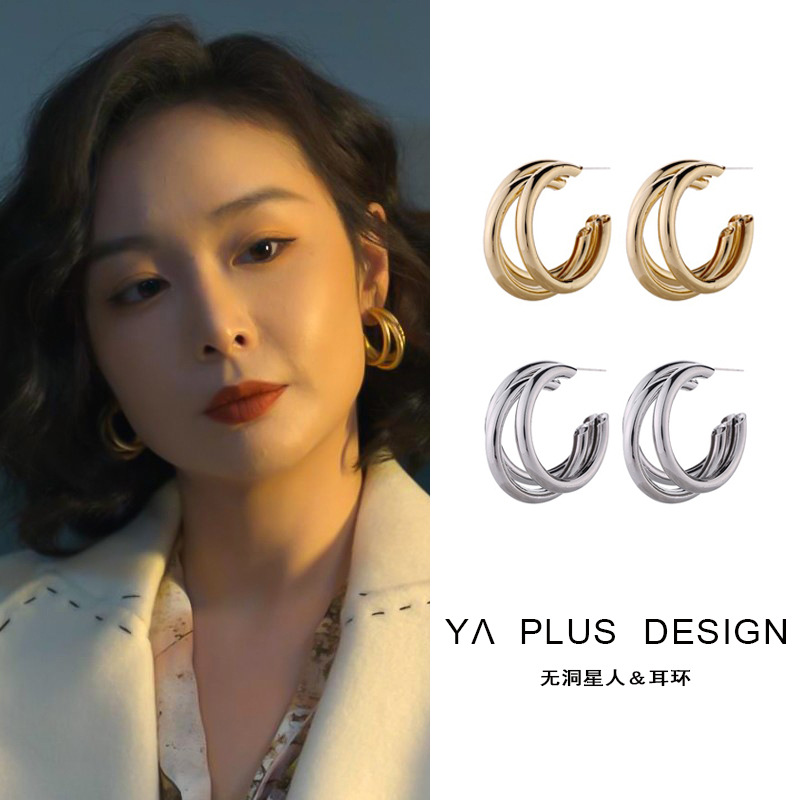 Crazy Sister-in-Law Chen Shuting Same Style Golden Earrings Geometric Ear Studs Earrings Temperamental Cold Style Non-Piercing Ear Clip Female