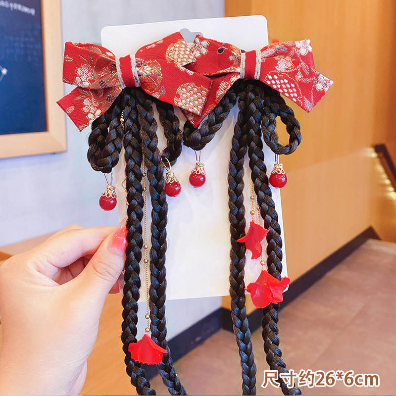 New Year Chinese Style Bow Braid Children Antique Hairpin Baby Wig Hair Accessories Headdress for Han Chinese Clothing Wholesale