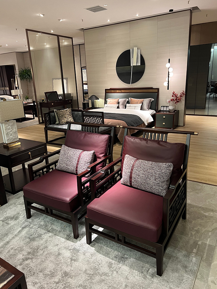 新中式乌金木沙发123组合 现代轻奢别墅酒店套房客厅皮艺实木家具