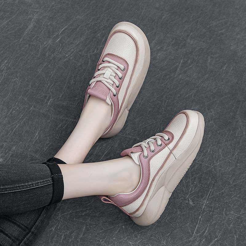 Cowhide Casual Shoes-8 First Layer Lightweight Platform Female Lace-up Student Board Shoes Retro Color Matching Sports Shoes Autumn