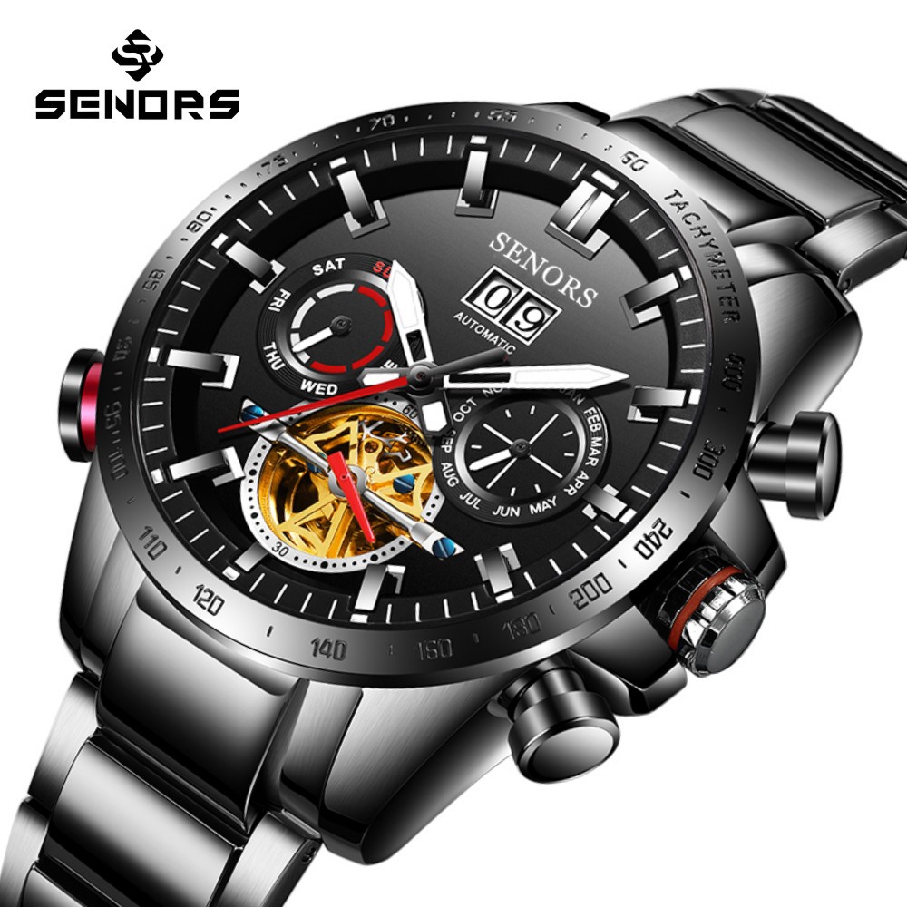 赛娜斯senors爆款不锈钢全自动机械表陀飞轮防水男士腕表sn200