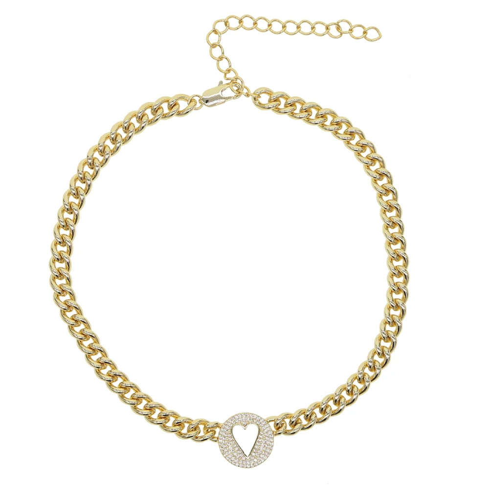 速卖通外贸新款心形古巴链镶钻镂空爱心女士项链cuban chain批发