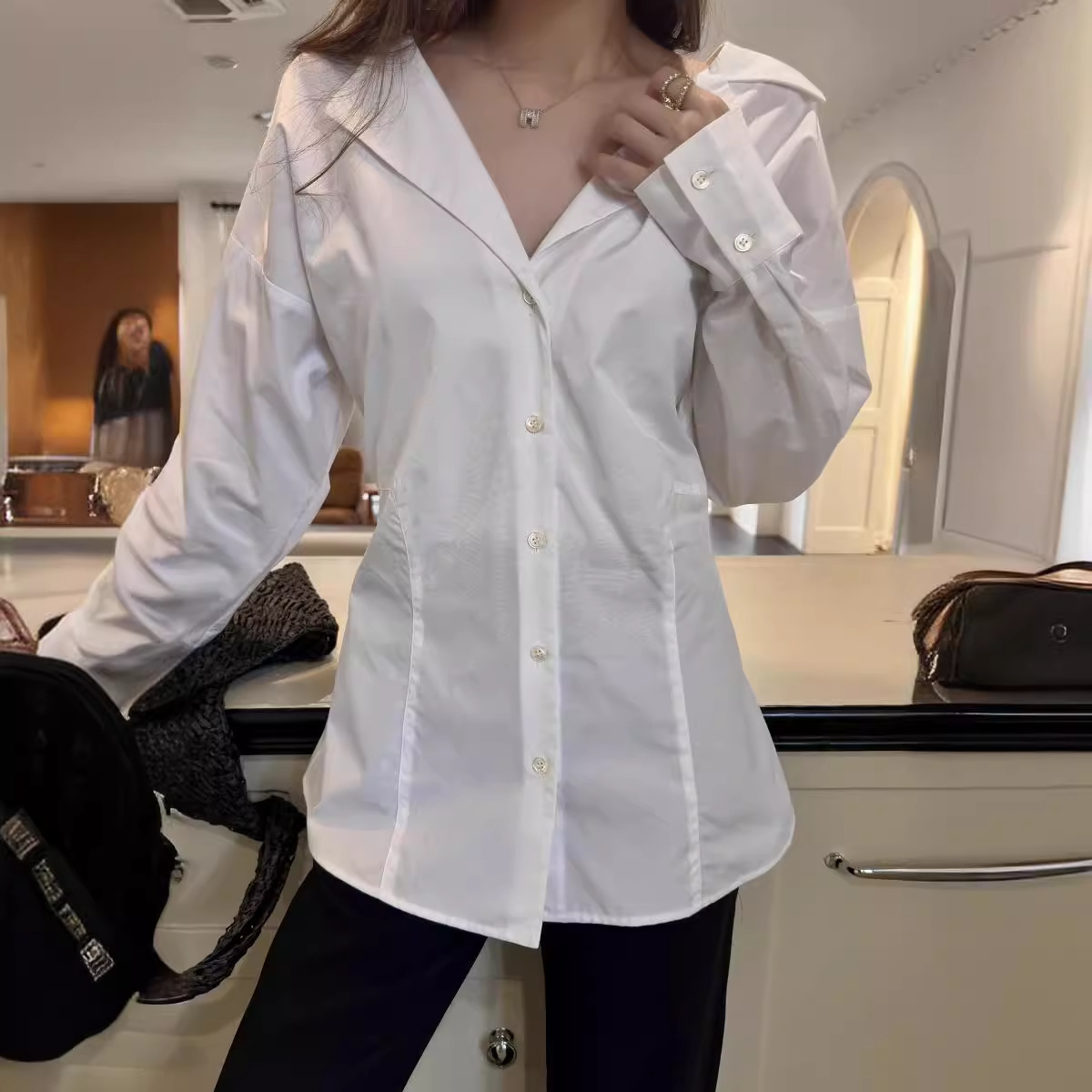 【upperclass系列】时髦百搭白色长袖衬衣女士纯棉西装领府绸衬衫