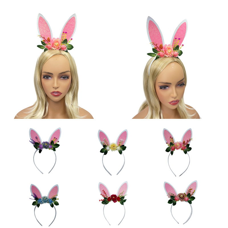 欧美复活节大号兔耳朵头箍仿真花葱粉兔耳朵发箍仿真猫耳朵头饰
