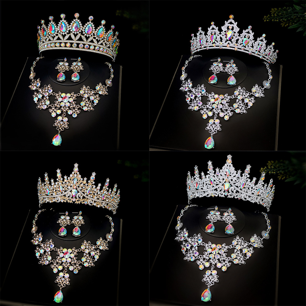 AB Gold Color Rhinestone Bridal Crown Necklace Headdress Three-Piece Suit Foreign Trade Hot Selling Bridal Hair Accessories in Stock Wholesale