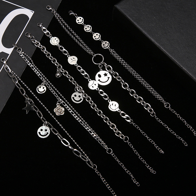 INS Style Popular Smiley Bracelet Men's and Women's All-Match Jewelry Pendant Smile Expression Fashion Titanium Steel Chain Wholesale