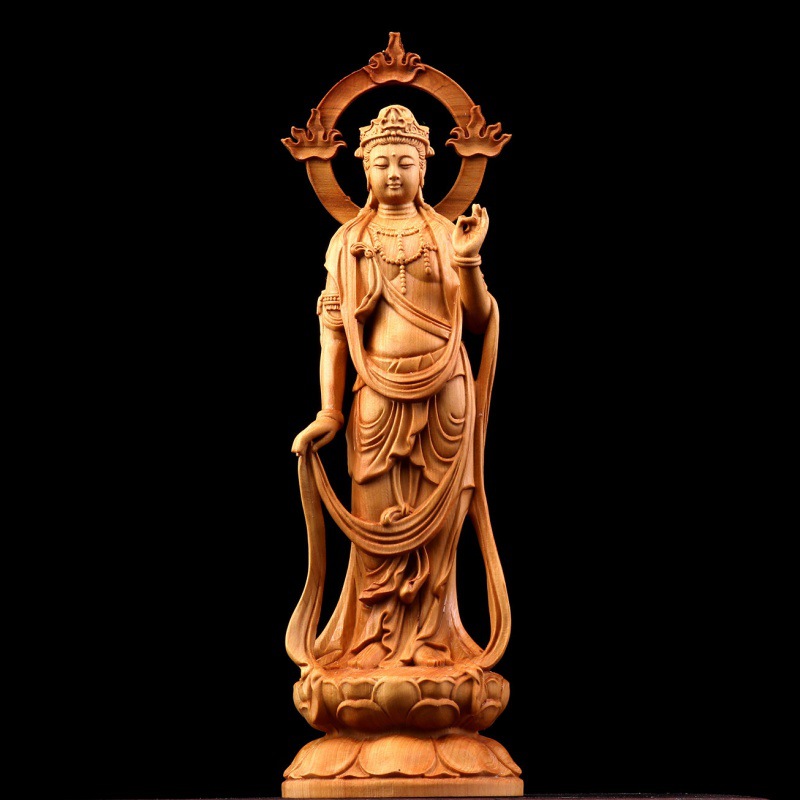 崖柏木雕火焰背光观世音菩萨像摆件 家居供奉大势至观音工艺品