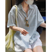 韩版复古文艺棉麻感短袖条纹衬衫夏季宽松显瘦休闲防晒透气上衣女
