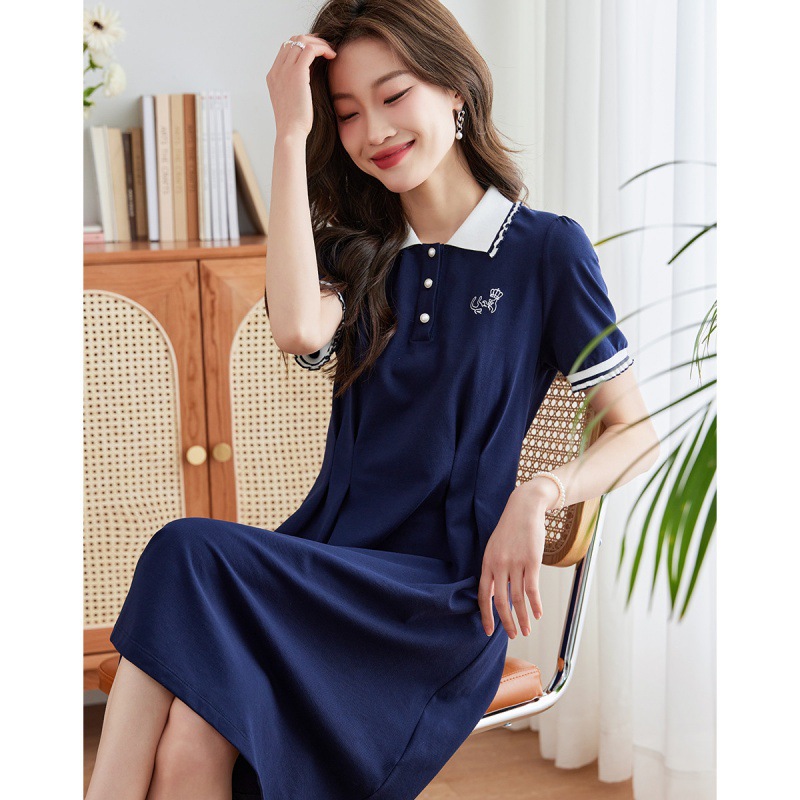 时尚撞色螺纹polo连衣裙女夏季新款短袖学院风收腰法式气质连衣裙