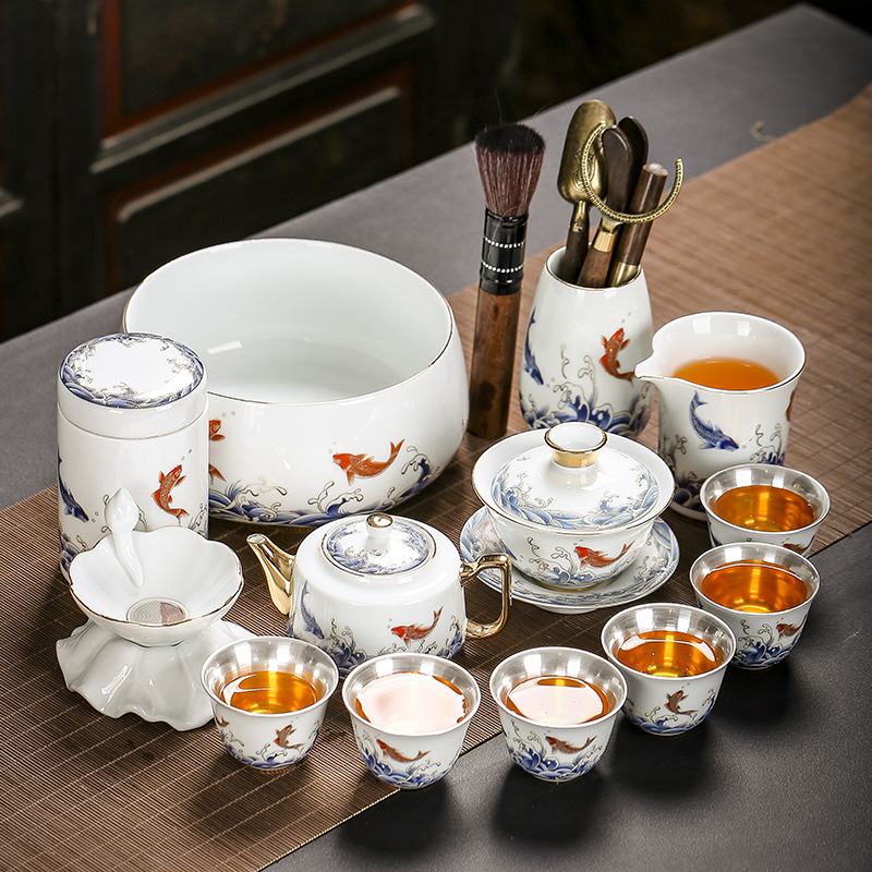 高档自动懒人自动银茶具套装防烫玉瓷鎏银功夫茶杯侧把公道杯整套