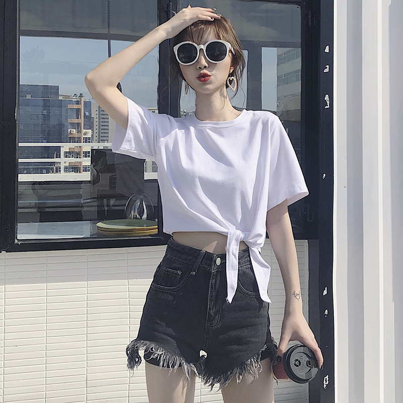 超短上衣女露脐绑带宽松圆领白色短袖t恤高腰漏肚子半袖打底衫夏