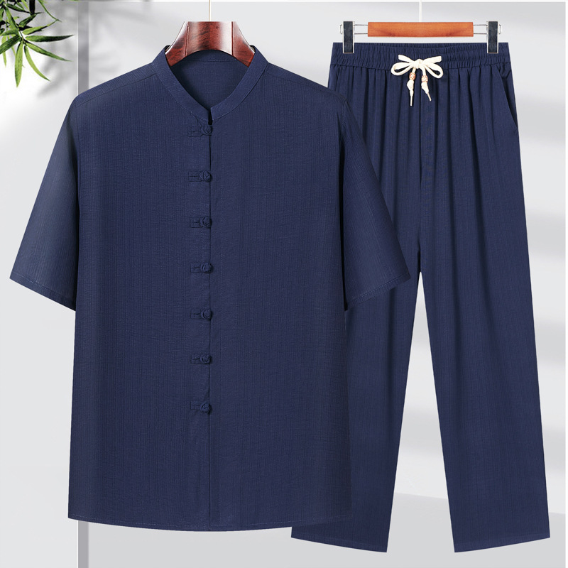 唐装男夏季装衬衫中国风爷爷短袖中老年汉服老人衣服爸爸套装