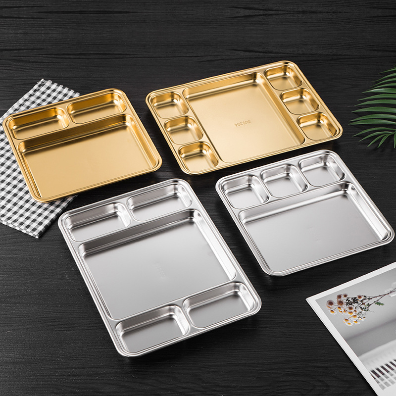 Hz473 Stainless Steel 304 Korean Grill Tray with Sauce Dish Gold Compartment Tray Snack Plate Steak Plate Dipping Plate