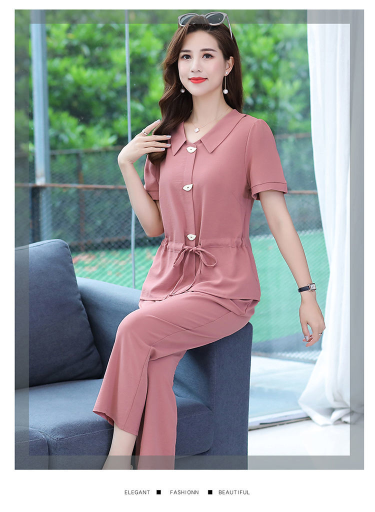 妈妈装两件套新款时尚40-50岁中老年女运动休闲夏装短袖纯色套装