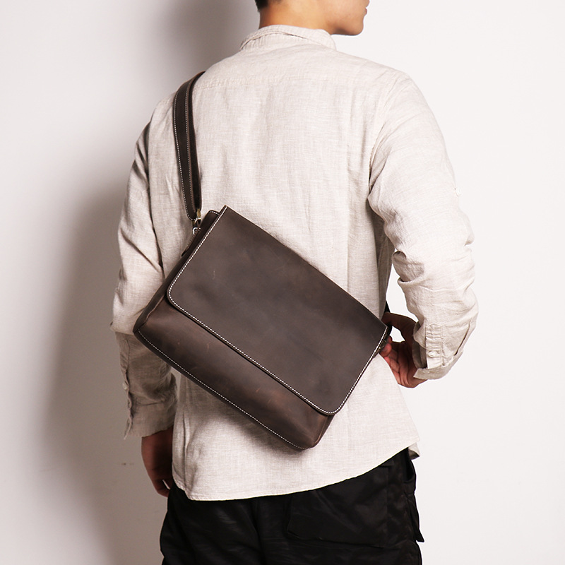 New Retro Men's Shoulder Bag Cowhide Crossbody File Bag Large Capacity Casual Men's Leather Flip Messenger Bag