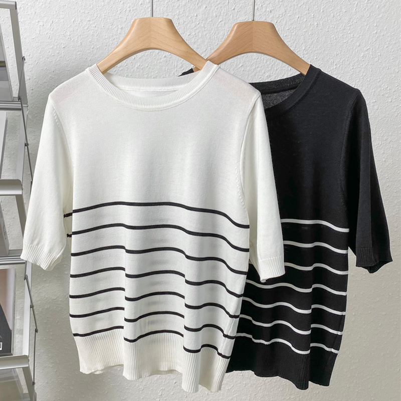 韩版条纹冰丝短袖女士t恤夏季新款薄款针织衫设计感圆领上衣打底