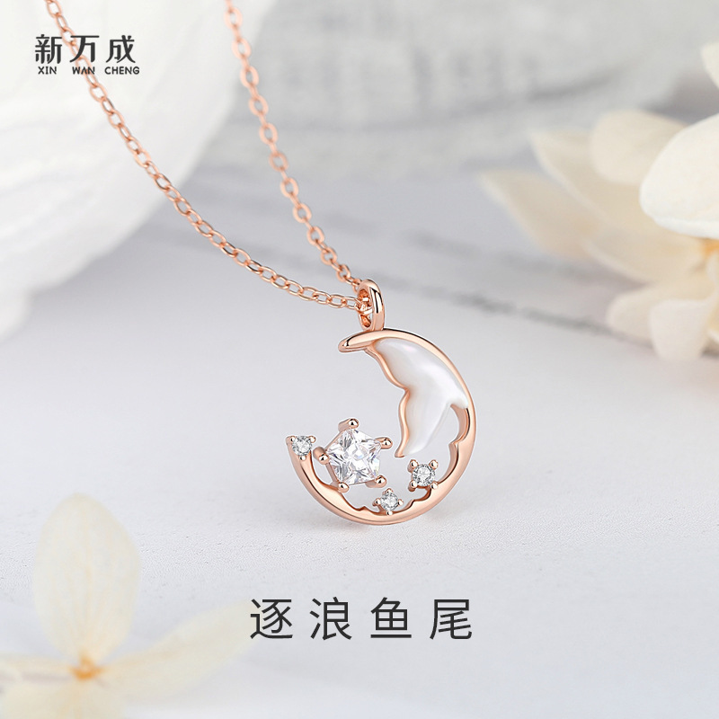 原创925纯银逐浪鱼尾项链女网红ins几何微镶锆石锁骨链白贝母吊坠