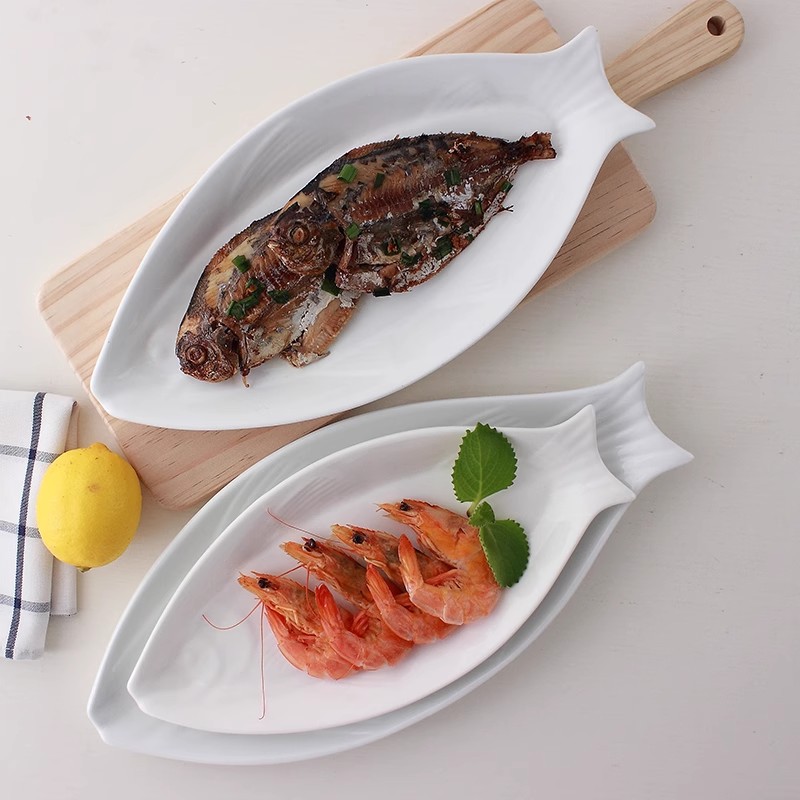 珍珠鱼盘创意纯白陶瓷鱼盘西餐具鱼形盘子家用蒸鱼盘日式大号瓷盘