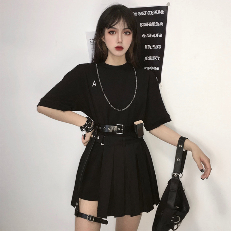 甜酷风格蹦迪女装黑暗系裙子飒酷女孩辣妹穿搭暗黑帅气连衣裙套装