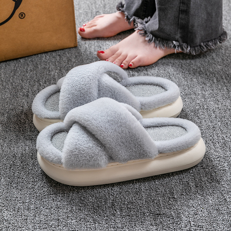 Fluffy Slippers Women's Fall and Winter Outer Wear Non-Slip Indoor Platform Home Furry Confinement Cotton Slippers Open Winter