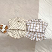 2024夏季新品1-3岁婴童衣服男宝宝休闲格子条纹立领衬衫+短裤套装