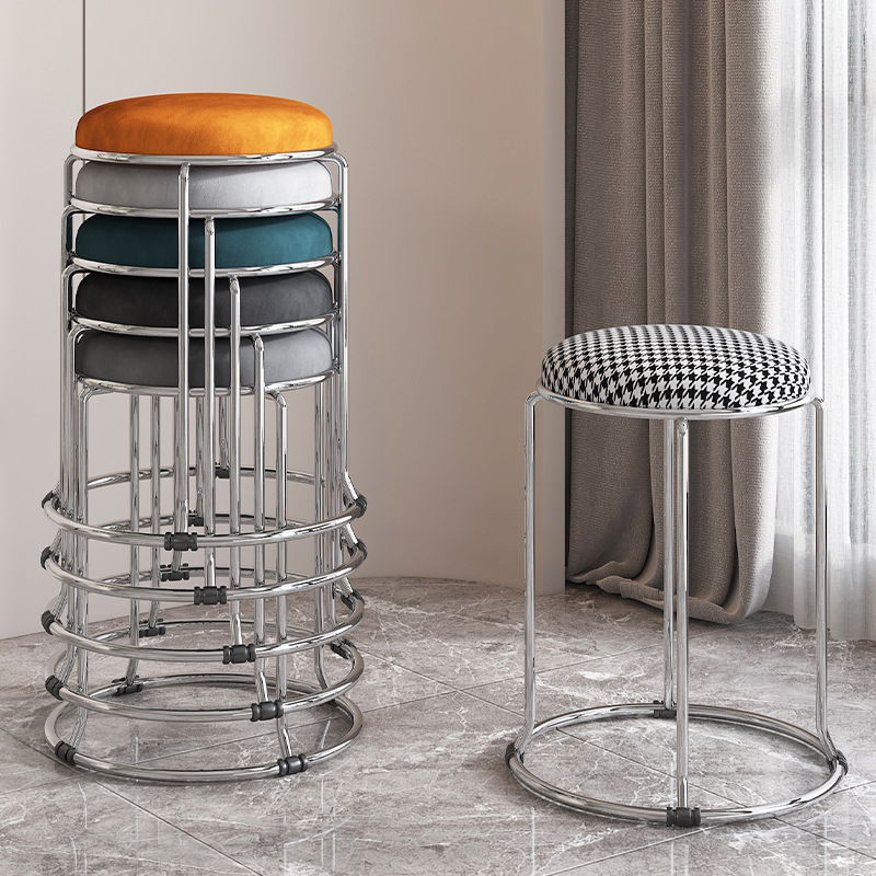 家用钢筋凳简约凳子商用布艺高圆凳金色餐桌板凳可叠放懒人板凳