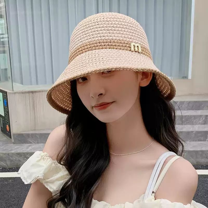 Knitted Summer Hollow Breathable Bucket Hat Women's Letters All-Matching Sun-Proof Sun Protection Hat Breathable Hats