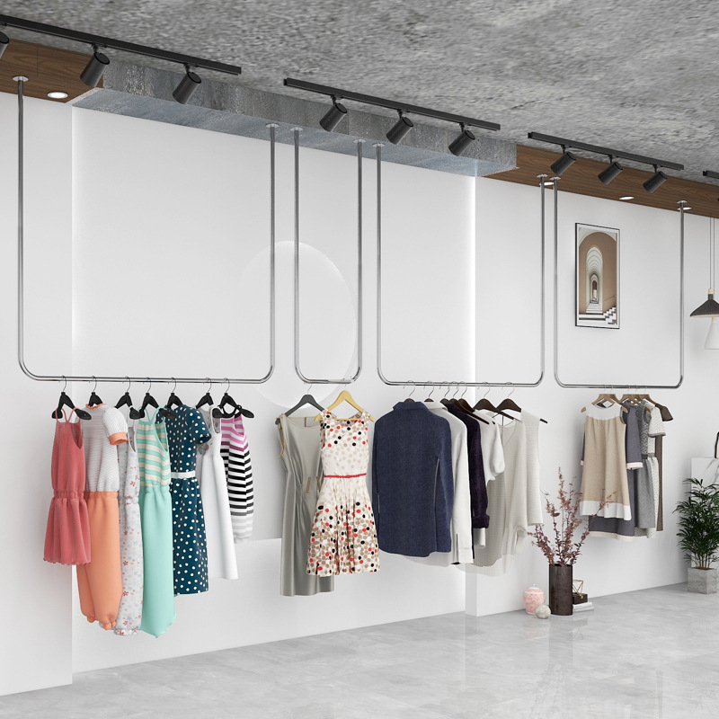 服装店展示架不锈钢银色 u型悬挂吊架女装衣服陈列货架婚纱挂衣架