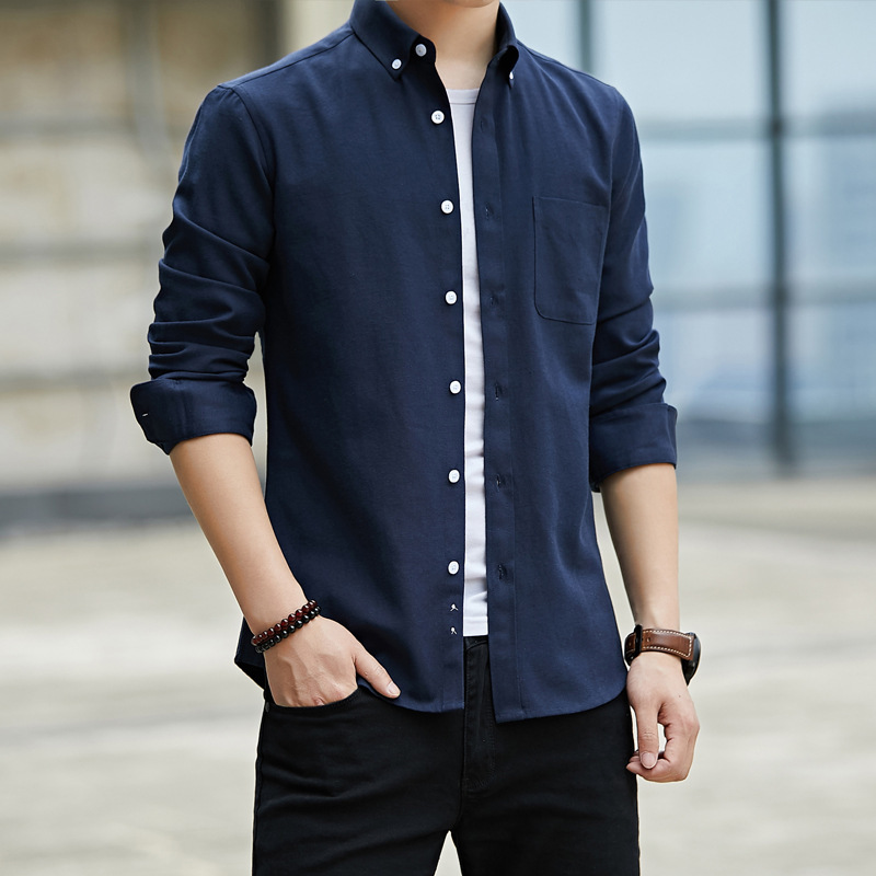   New Men's ong-Sleeved Shirt Men's Oxford Casual Shirt Men's Slim Korean Style Solid Color Shirt