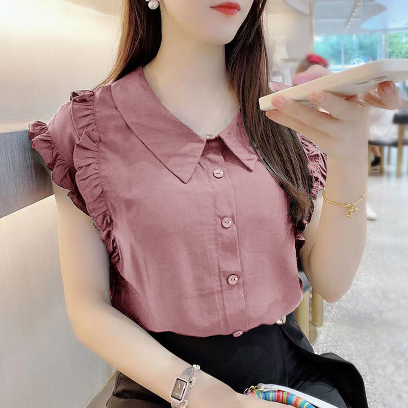 冰丝娃娃领衬衫女短袖夏季新款大码木耳边衬衣宽松显瘦遮肚上衣女