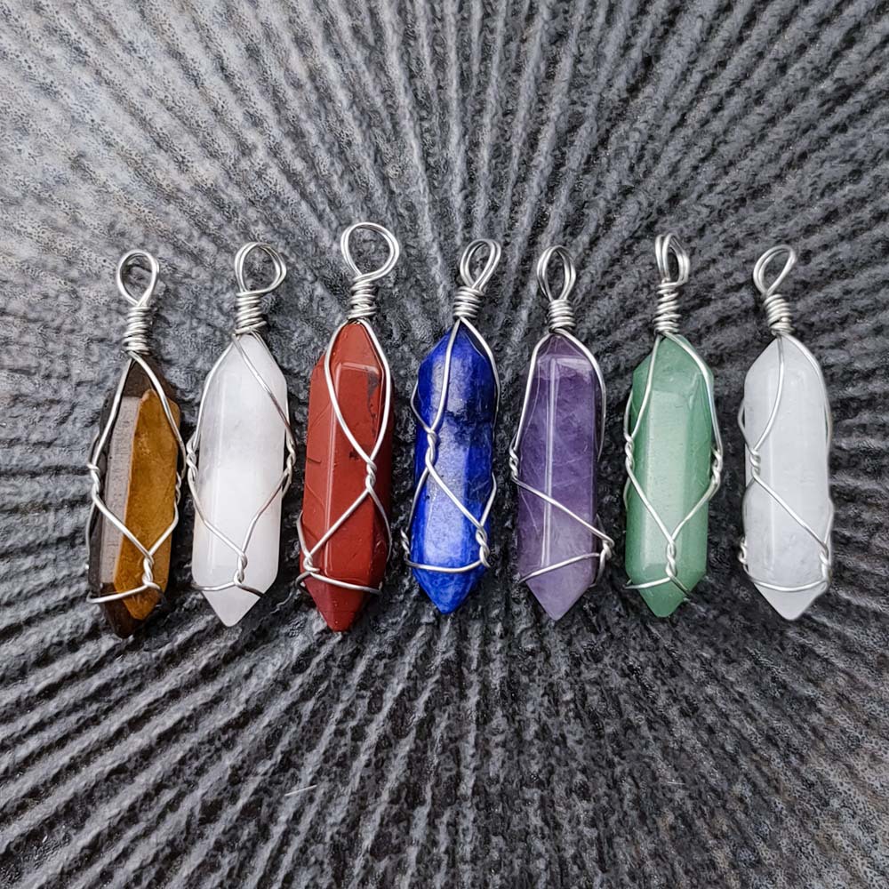 Natural Stone Winding Amethyst Blue Gold Hexagon Prism Pendant Natural Raw Gemstone Winding Necklace DIY Handmade Ornament