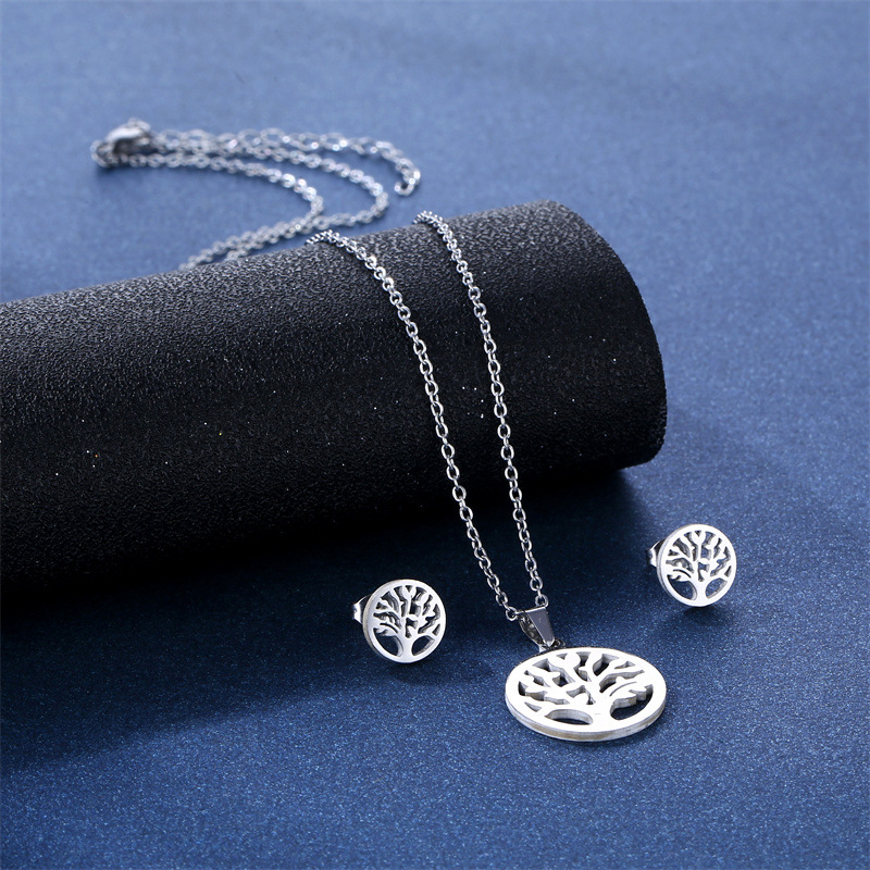Cross-Border Stainless Steel Tree of Life Pendant Earings Set Women's Amazon Glossy Women's Small Lucky Tree Necklace Steel Ornaments