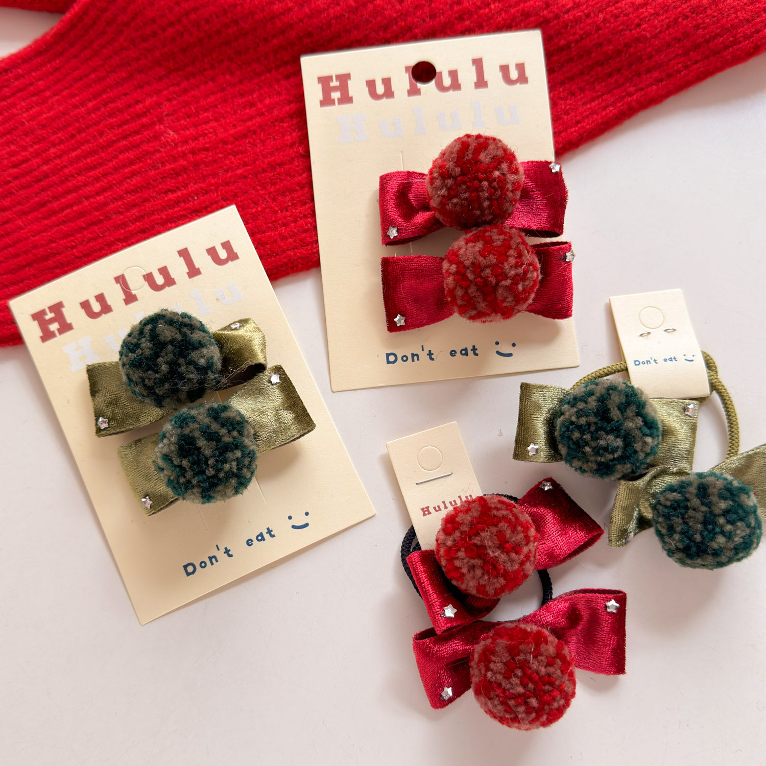 冬季丝绒毛线球球布艺蝴蝶结儿童发夹可爱女童发圈大红色系头饰品