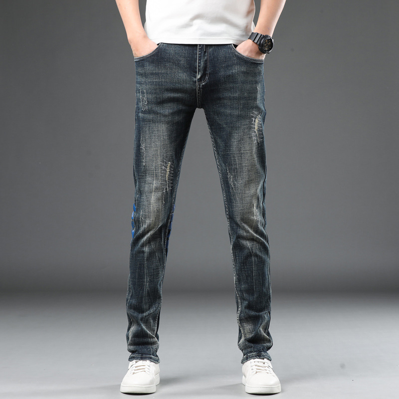 蓝色牛仔裤男2023春季新款潮牌合体直筒休闲裤破洞刮烂印花长裤子