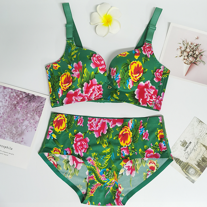 东北大花龙凤无钢圈复古聚拢文胸套装收副乳结婚本命年红色内衣女