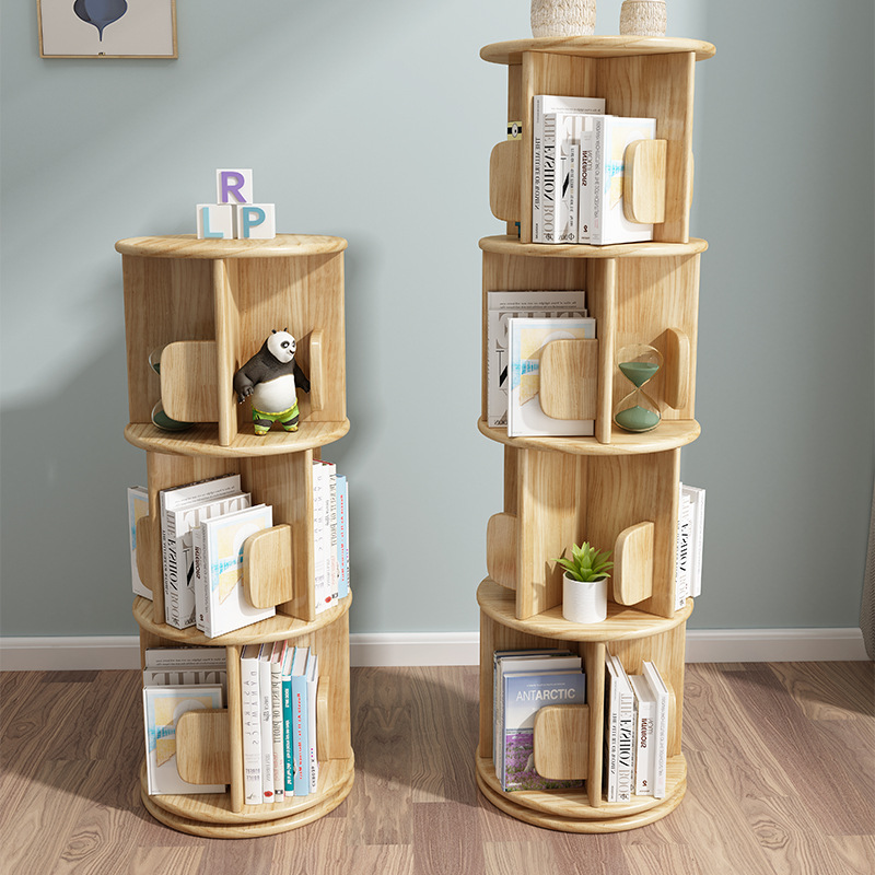Solid Wood Rubber Wood Rotating Bookcase Bookshelf Children's Toy Storage Cabinet Floor Book Picture Book Display Rack Cabinet