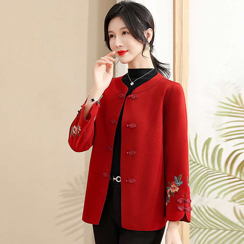 Red Festive Mother-in-Law Wear Middle-Aged and Elderly Wedding Party Mom Dress Spring and Autumn Double-Faced Woolen Goods Middle-Aged and Elderly Women Woolen Embroidery Top